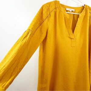 LOFT Orange Gold V-neck Embroidered Long Sleeved Textured dots shirt top blouse